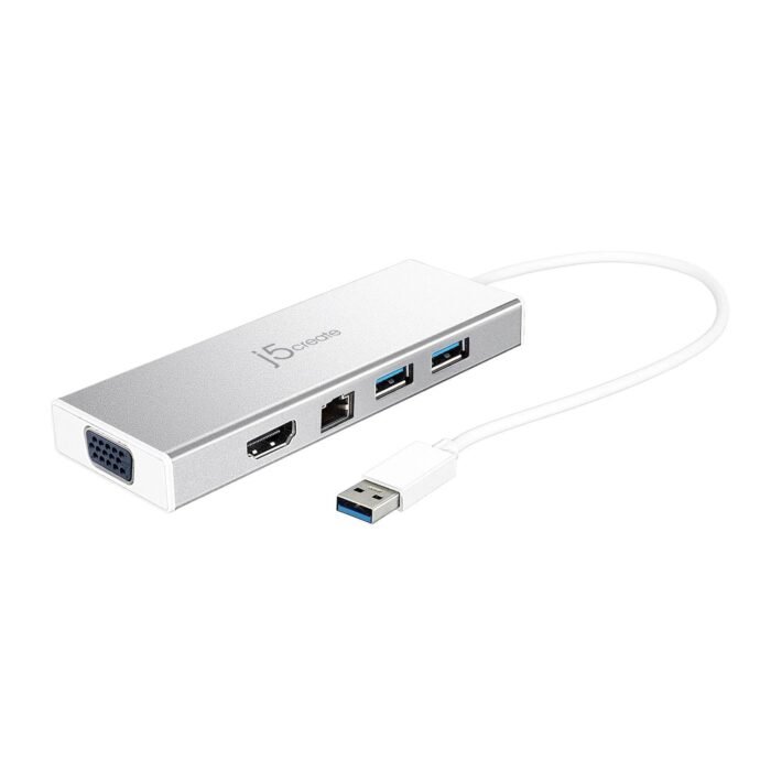 6-портов хъб j5create Mini Dock JUD380, USB 3.0, Gigabit Ethernet, HDMI, VGA, USB-B, Бял - Image 1