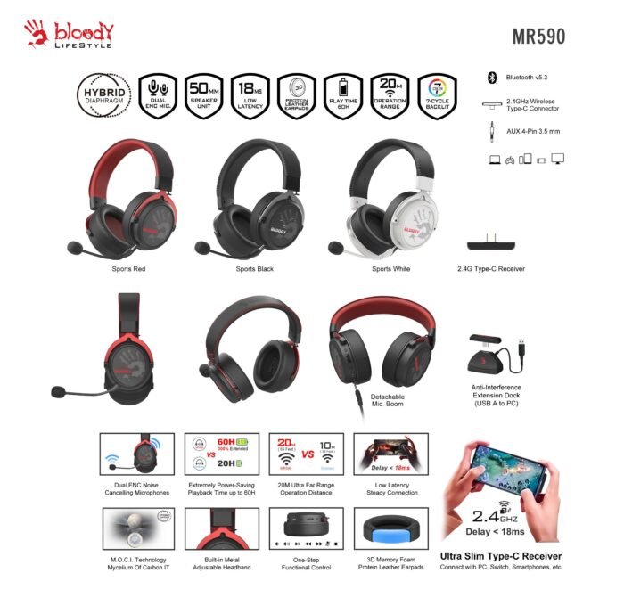 A4tech Bloody МR-590 Геймърски безжични слушалки с микрофон,Bluetooth 3.5мм жак, черен - Image 3