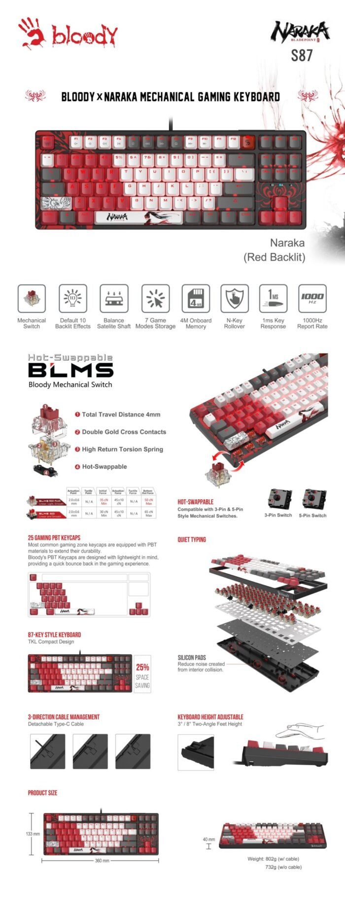 А4tech Геймърска механична  клавиатура Bloody Naraka S87  TKL Backlit red switch , USB - Image 4
