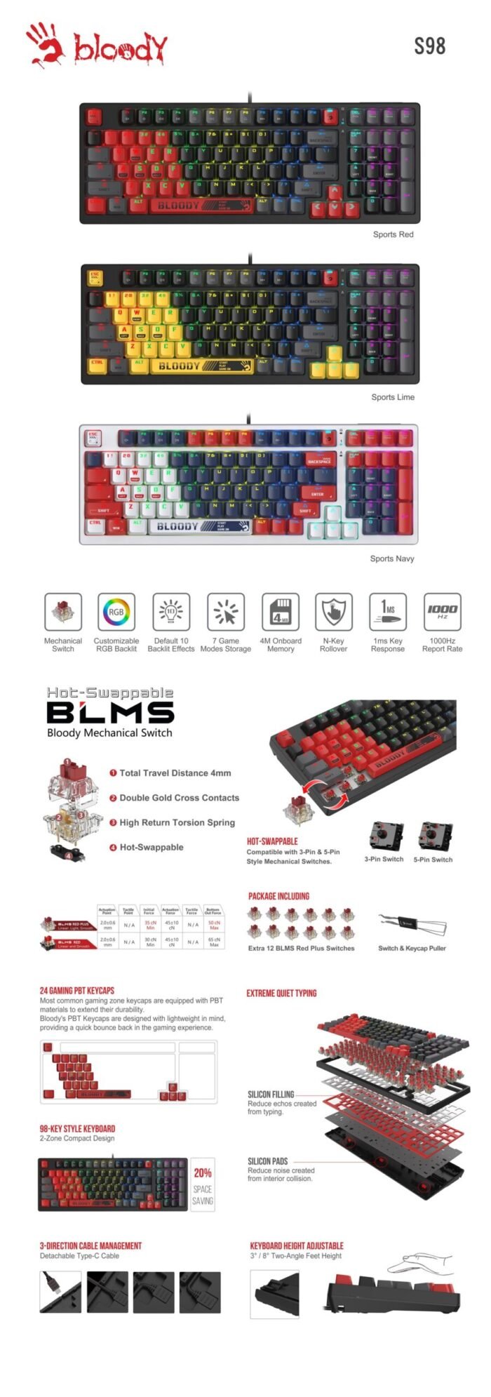 А4tech Геймърска механична  клавиатура Bloody Sports Navy S98 BLMS RGB Backlit red switch , USB - Image 3