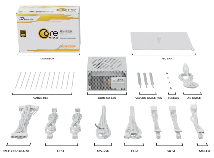 Захранващ блок Seasonic CORE GX White 650W 80+ Gold, Fully Modular, ATX 3.1, PCIe 5.1 - Image 9