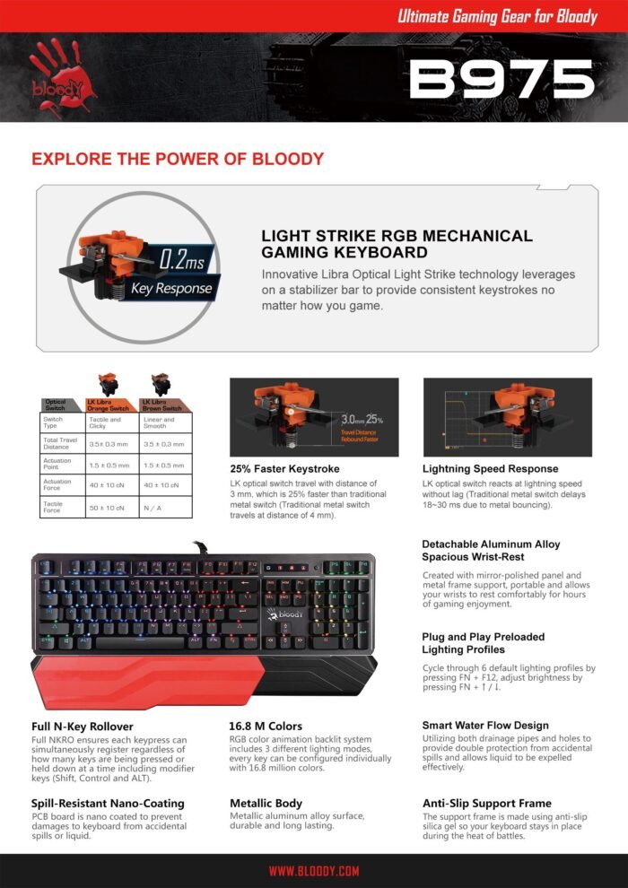 A4tech Bloody B975 Геймърска механична клавиатура, Brown switch - Image 5