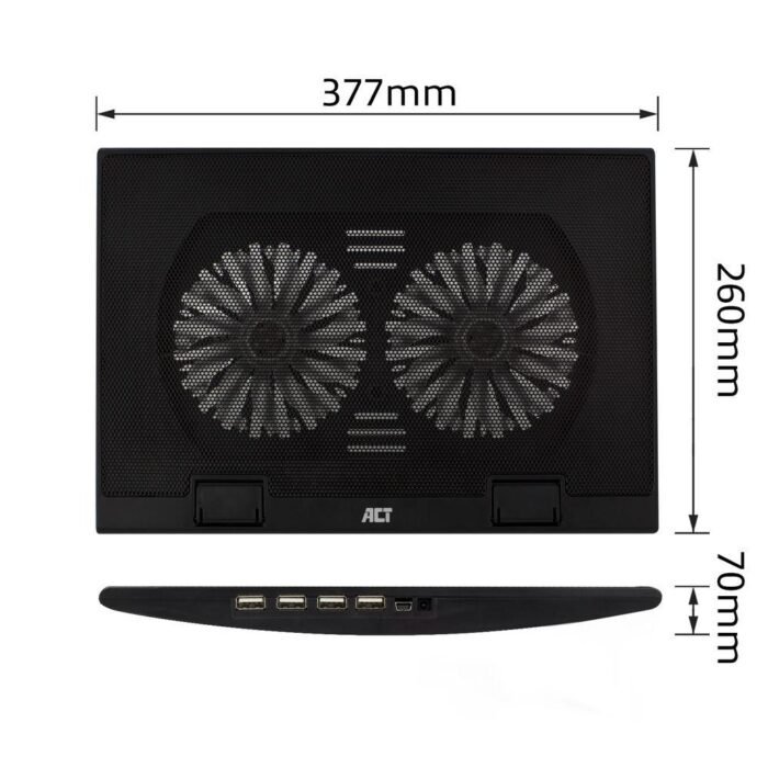 Охладител за лаптоп ACT, До 17", С два вентилатора, USB хъб, Черен - Image 7