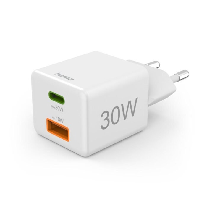 HAMA Бързо мини Gan зарядно, 30 W, 1x USB-C, 1x USB-A, PD, бял - Image 1