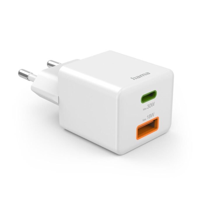 HAMA Бързо мини Gan зарядно, 30 W, 1x USB-C, 1x USB-A, PD, бял - Image 2