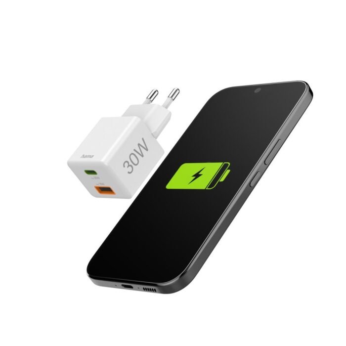 HAMA Бързо мини Gan зарядно, 30 W, 1x USB-C, 1x USB-A, PD, бял - Image 9