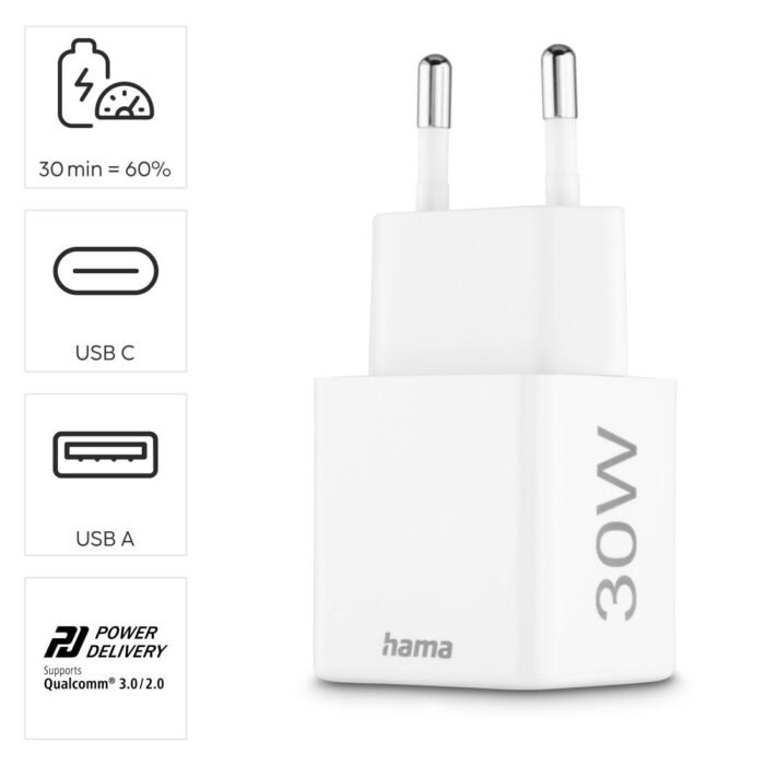 HAMA Бързо мини Gan зарядно, 30 W, 1x USB-C, 1x USB-A, PD, бял - Image 17