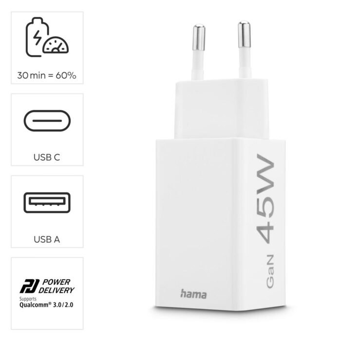 HAMA Бързо мини зарядно, 45 W, 1x USB-C - 1x USB-A, PD, бяло - Image 16