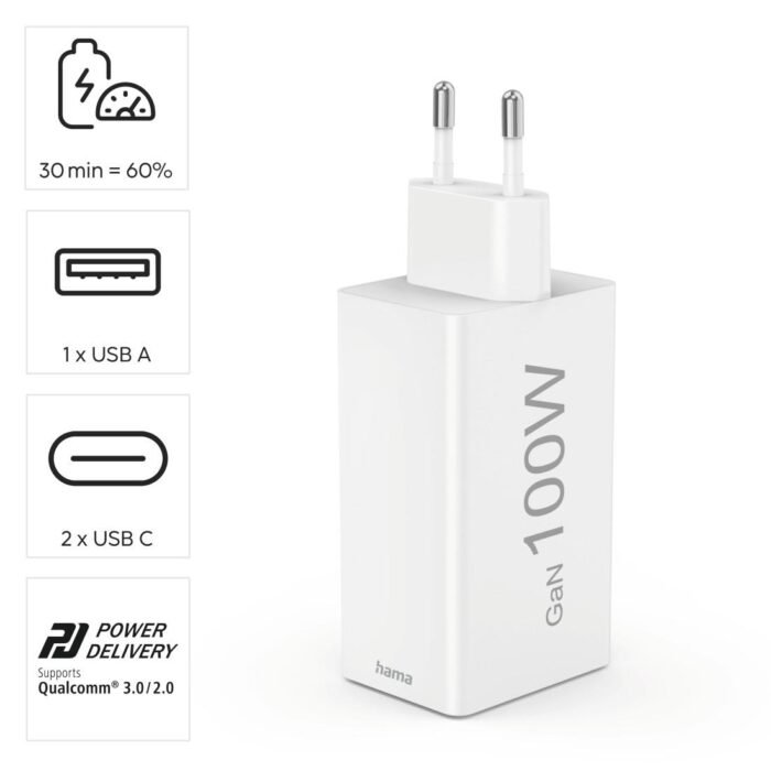 HAMA Бързо зарядно 220V, 100 W GaN, 2x USB-C PD, 1x USB-A QC - Image 15